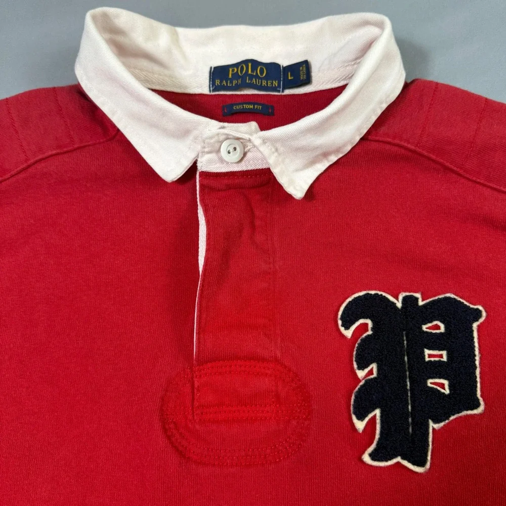 Polo Ralph Lauren Rugby Shirt Mens Large Red Custom‎ Fit 67 Patch Long Sleeve